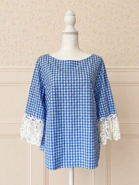 Liz Claiborne Career Blue Gingham Blouse XL Lace Bell Sleeve Cotton